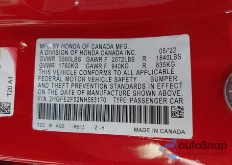 2022 Honda Civic Sport из США, поврежденный, VIN 2HGFE2F52NH583170